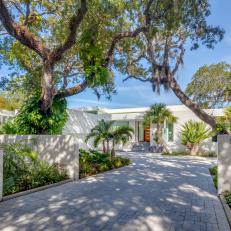 Oak and Palm Tree Lined Driveway to Front of Home