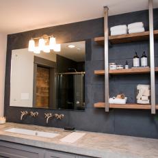 Modern Light Fixture and Open Shelving in Master Bathroom