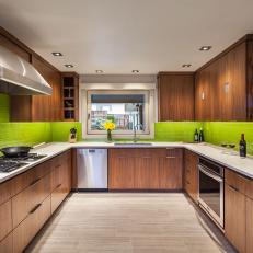 Brown and Green Modern Kitchen With Green Backsplash