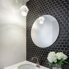 Black and White Contemporary Powder Bathroom With Crystal Pendant