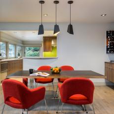 Neutral Modern Dining Room With Red Chairs