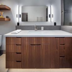 Wood Vanity in Gray Modern Bathroom