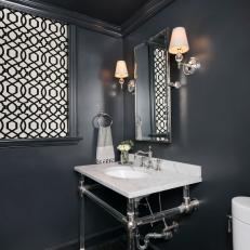 Black Powder Room With Graphic Shade 