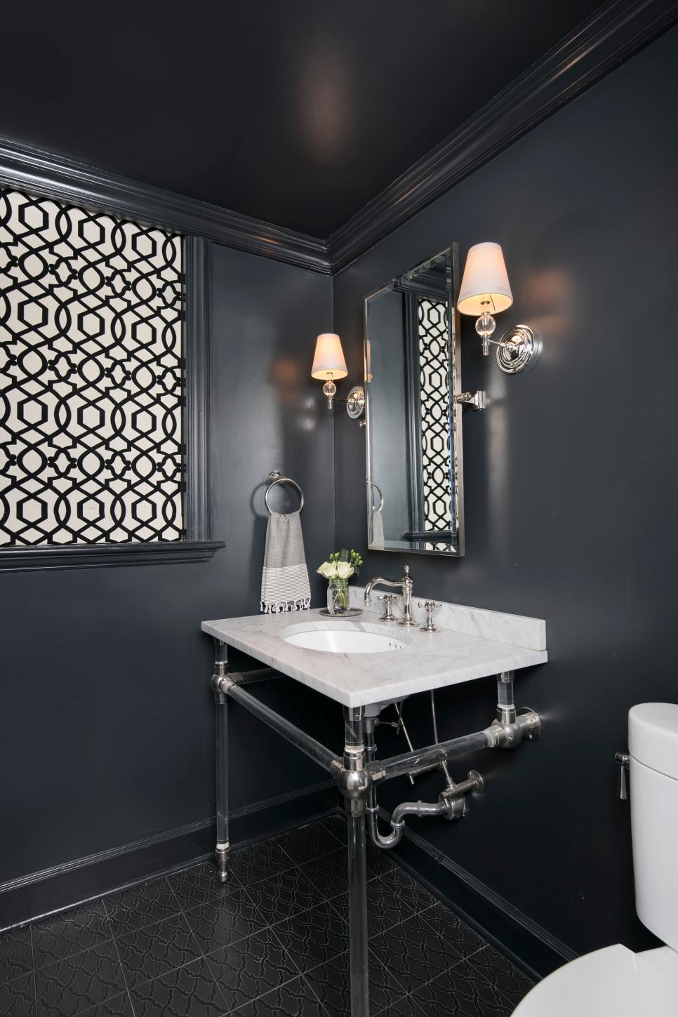 Black Powder Room With Graphic Shade | HGTV