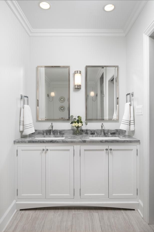  White  Bathroom  Double  Vanity  With Gray  Countertop HGTV