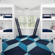 Blue and White Contemporary Kid's Room With Geometric Carpet
