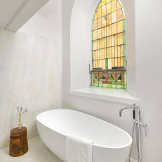 White Spa Bathroom With Stained Glass Window