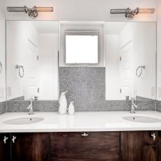 White Modern Double Vanity With Rich Brown Cabinets