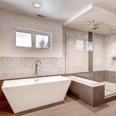 Contemporary Master Bathroom With White And Gray Mosaic Tiling