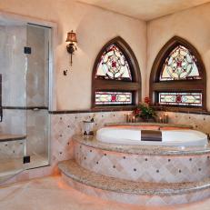 Traditional Bathroom With Stained Glass Windows