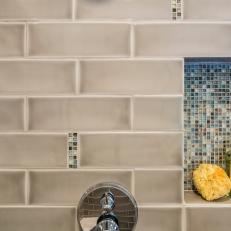 Gray Tile Shower Backsplash With Blue Mosaic Tile