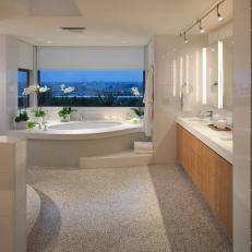 Contemporary White Bathroom With Corner Bathtub