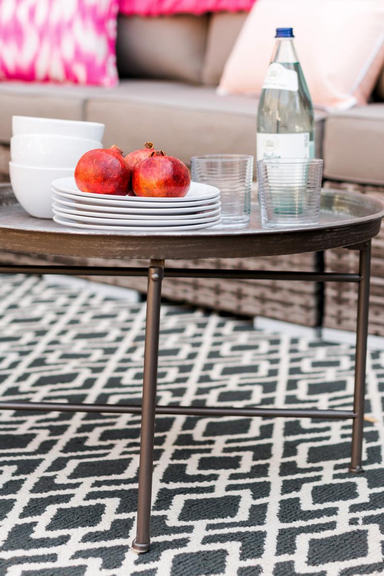 HGTV Spring House 2016 Glass-and-Metal Table on Top of Outdoor Rug
