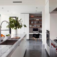 Open Plan Kitchen With Corner Office and Polished Concrete Floors