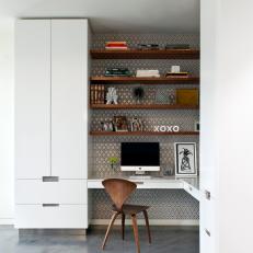 Midcentury Modern Home Office With Geometric Wallpaper