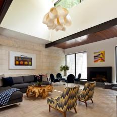 Midcentury Modern Great Room With Neutral Stone Wall