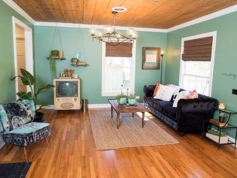 Living Room with Wood Ceiling and Floors