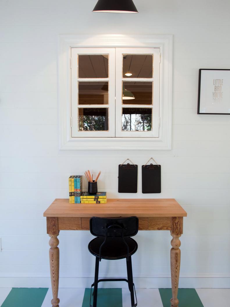 A close-up of the built in desks in the sun room of the Eggers home, as seen on Fixer Upper. (after)