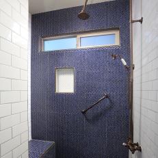 Transitional Shower with Blue and White Tile