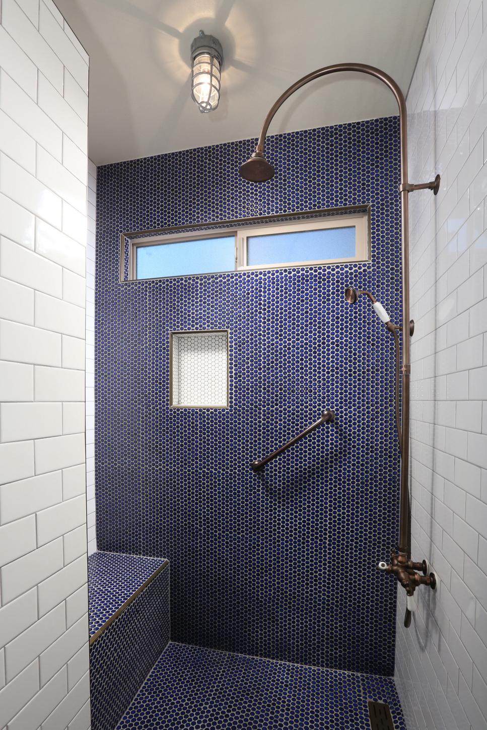 Transitional Shower with Blue and White Tile HGTV