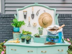 Before you kick that old dresser or vanity to the curb, consider upcycling it into a vibrant multifunctional piece of outdoor furniture with storage galore!
