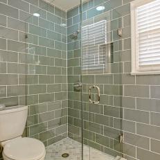 Contemporary Gray Tiled Master Bathroom With Glass Enclosed Shower