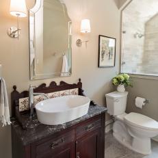 New Bathroom Features Antique Vanity With Original Tilework