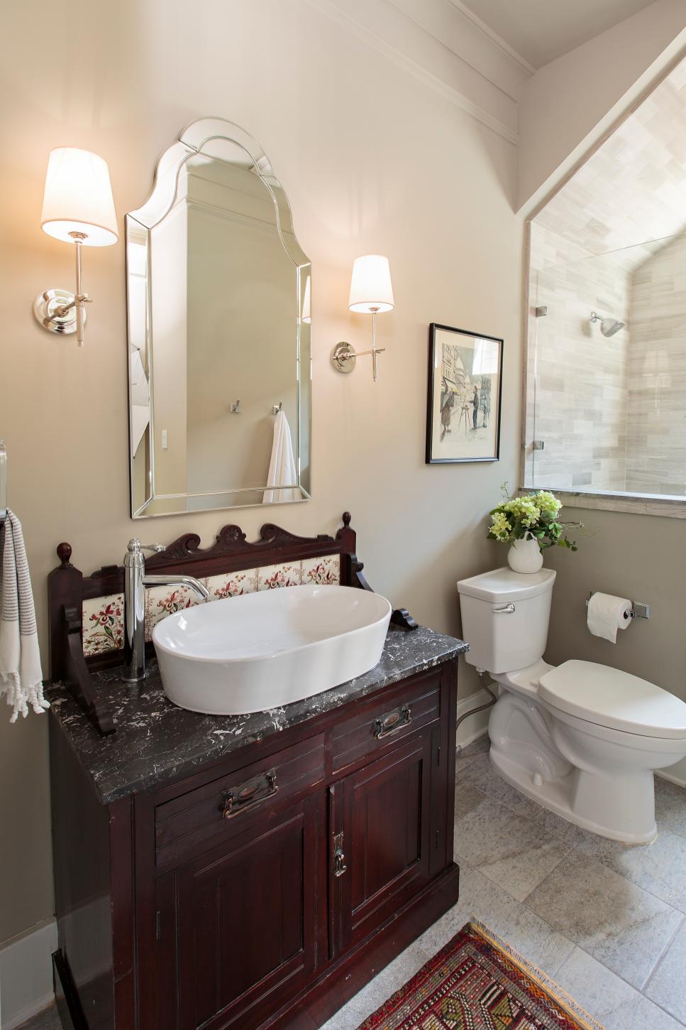 New Bathroom Features Antique Vanity With Original Tilework | HGTV