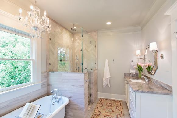 Elegant Master Bathroom With Walk-In Shower and Freestanding Tub