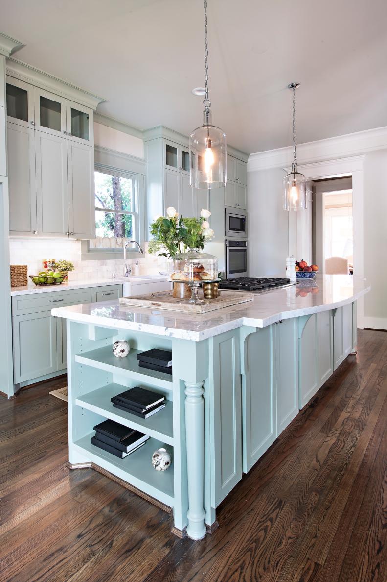 Mint-Green Kitchen Island With Marble Countertop