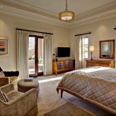 Traditional Bedroom With Neutral Chenille Armchairs