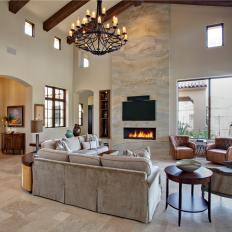 Mediterranean Great Room With Vaulted Exposed Beam Ceiling