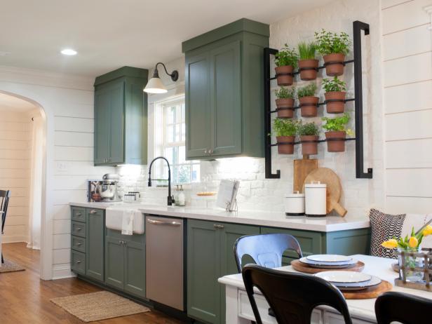 Country Kitchen With Indoor Herb Garden, Sage Green Cabinets, and White ...