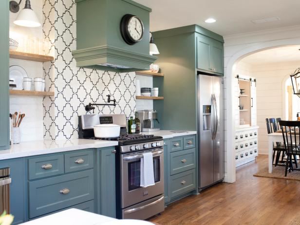 Country Kitchen With Sage Green Cabinetry, Patterned Tile ...