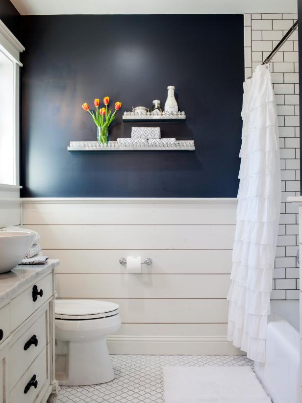Navy Accent Wall Over White Shiplap With Ruffle Shower Curtain 