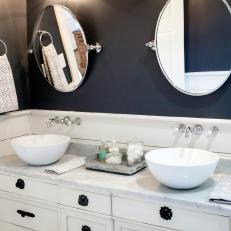 Timeless Contemporary Bathroom With Double Vessel Sink, White Marble Countertop and Navy Accent Walls