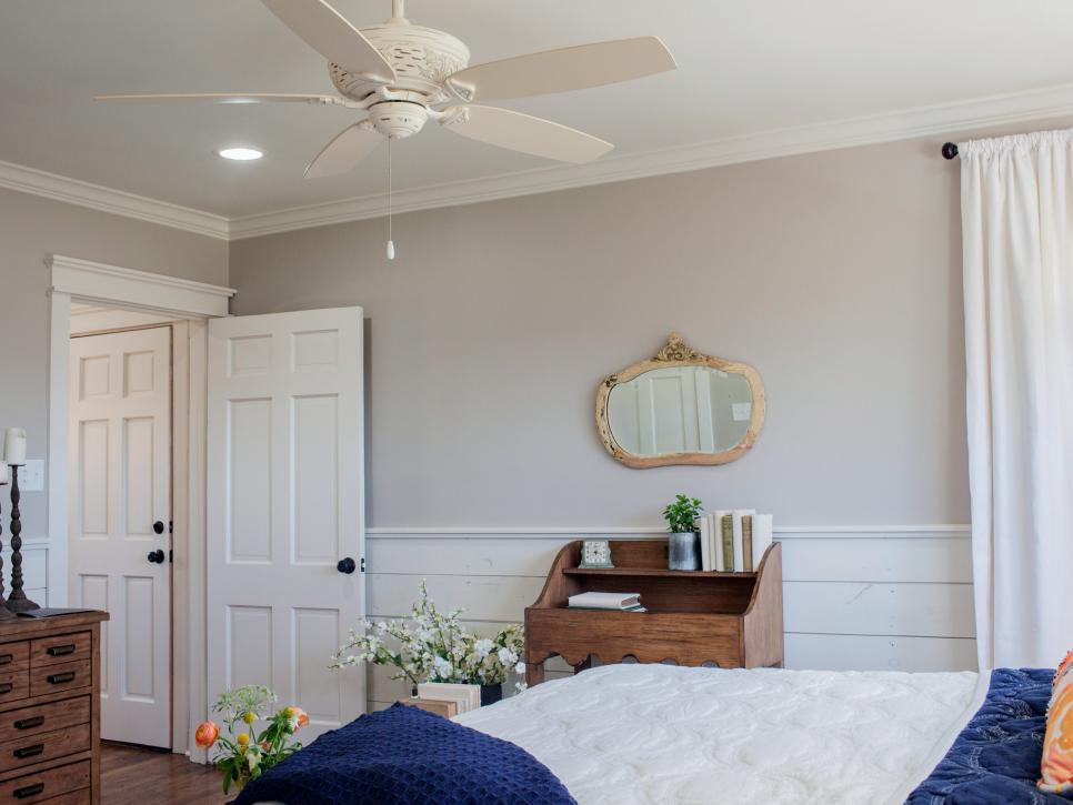 Neutral Country Bedroom With Split Wall, White Bedroom Ceiling Fan