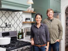 Chip and Joanna Gaines in the Masserall's newly remodeled kitchen, as seen on Fixer Upper. (After)
