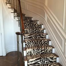 Fun Transitional Staircase WIth Zebra Print Runner, Iron Baluster and Wood Steps and Handrail 