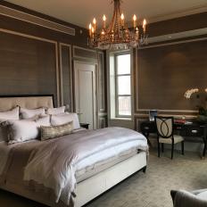 Traditional Master Bedroom With Tufted Headboard, Plus Bed Linens and Desk Work Space 