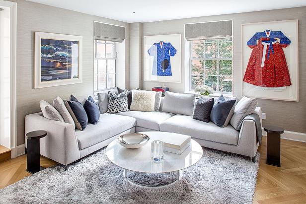 Contemporary Living  Room  With Large Gray  Sectional Shag 