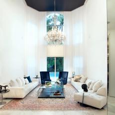 White Transitional Living Room With High Ceiling