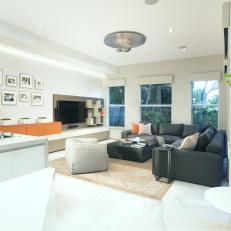 White Modern Living Room With Gray Sofa