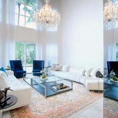 White Traditional Living Room With Chandelier