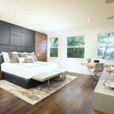 Neutral Modern Master Bedroom With Gray Headboard