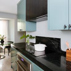 Muted Pool Blue Cabinets In Contemporary Kitchen