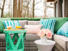HGTV Spring House 2016 Neutral Patio Sofa With Colorful Pillows