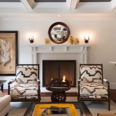 White Southwestern Living Room With Coffered Ceiling