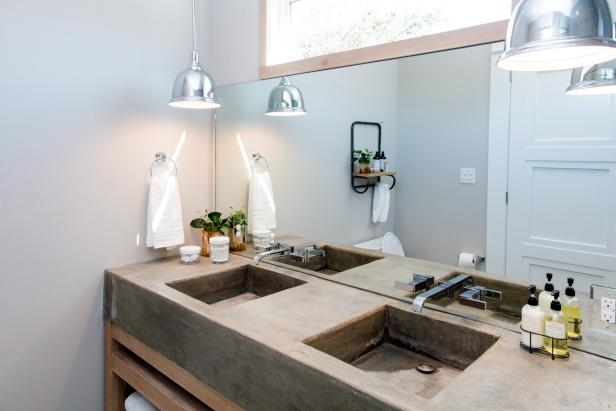 Concrete Sink, Mirror, Light Fixture in Master Bathroom