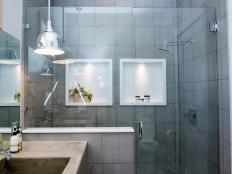 White Shelves in Glass Shower Stall in Modern Style Bathroom